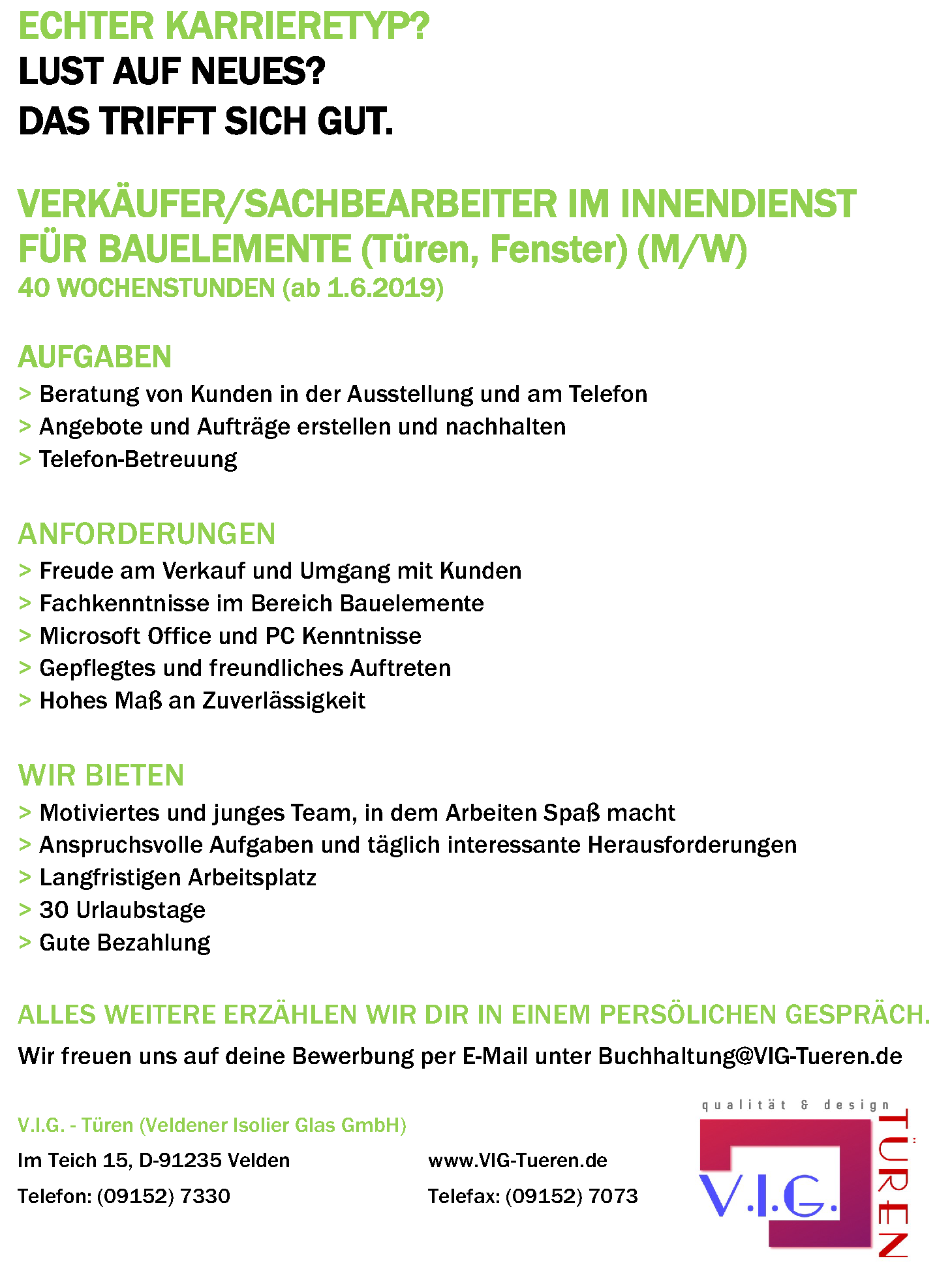 Stellenangebote / Jobs - V.I.G. - Türen- und Fensterstudio